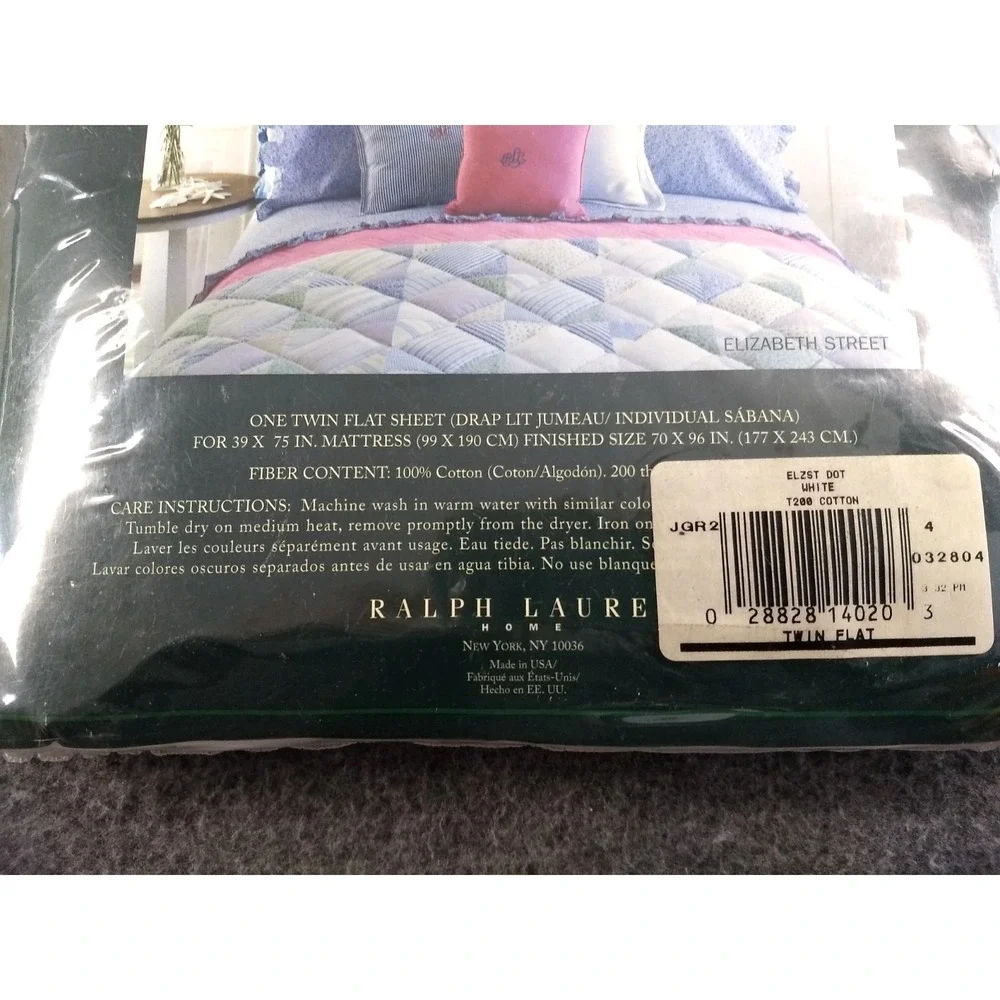 Ralph Lauren Twin Flat Sheet Elizabeth St Embroidered Blue Dot Ruffle Cotton NEW